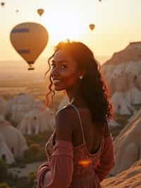 Breathtakingly woman as digital nomad with hot air balloons in the background in cappadocia, Türkiye. Cappadocia, Turkey