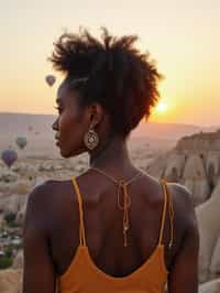 Breathtakingly woman as digital nomad with hot air balloons in the background in cappadocia, Türkiye. Cappadocia, Turkey