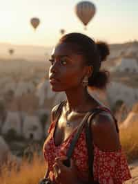 Breathtakingly woman as digital nomad with hot air balloons in the background in cappadocia, Türkiye. Cappadocia, Turkey