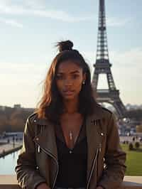 woman as digital nomad in Paris with the Eiffel Tower in background