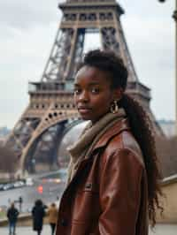 woman as digital nomad in Paris with the Eiffel Tower in background