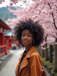 woman as digital nomad in Japan with Japanese Cherry Blossom Trees and Japanese temples in background