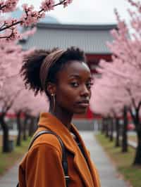 woman as digital nomad in Japan with Japanese Cherry Blossom Trees and Japanese temples in background