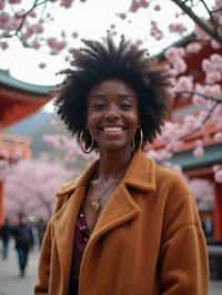 woman as digital nomad in Japan with Japanese Cherry Blossom Trees and Japanese temples in background