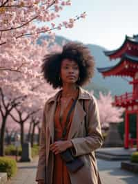 woman as digital nomad in Japan with Japanese Cherry Blossom Trees and Japanese temples in background