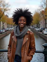 woman as digital nomad in Amsterdam with the Amsterdam Canals in background