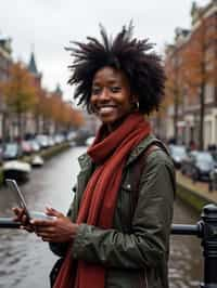 woman as digital nomad in Amsterdam with the Amsterdam Canals in background