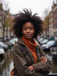 woman as digital nomad in Amsterdam with the Amsterdam Canals in background