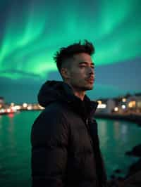 man as digital nomad in Reykjavik with the Northern Lights in the background