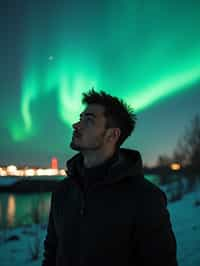 man as digital nomad in Reykjavik with the Northern Lights in the background