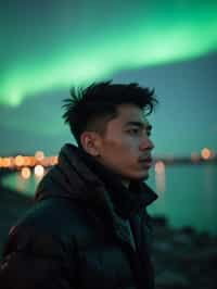 man as digital nomad in Reykjavik with the Northern Lights in the background