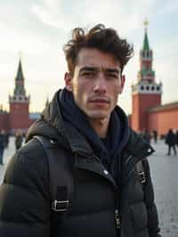 man as digital nomad in Moscow with the Kremlin in the background