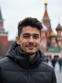 man as digital nomad in Moscow with the Kremlin in the background