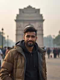 man as digital nomad in Delhi with the India Gate in the background