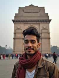 man as digital nomad in Delhi with the India Gate in the background