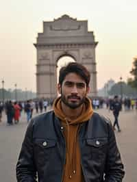 man as digital nomad in Delhi with the India Gate in the background