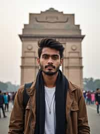 man as digital nomad in Delhi with the India Gate in the background