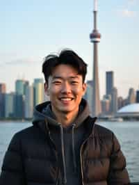 man as digital nomad in Toronto with the CN Tower in the background