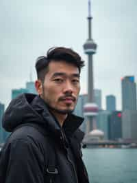 man as digital nomad in Toronto with the CN Tower in the background