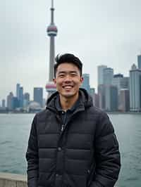 man as digital nomad in Toronto with the CN Tower in the background