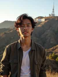 man as digital nomad in Los Angeles with the Hollywood sign in the background