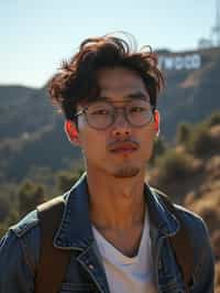 man as digital nomad in Los Angeles with the Hollywood sign in the background