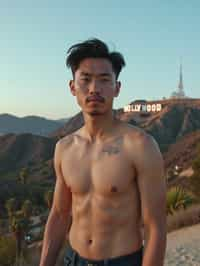 man as digital nomad in Los Angeles with the Hollywood sign in the background