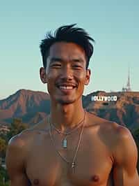 man as digital nomad in Los Angeles with the Hollywood sign in the background