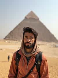 man as digital nomad in Cairo with the Pyramids of Giza in the background