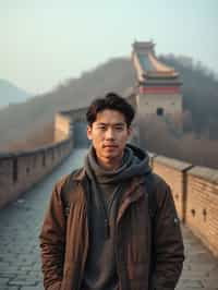 man as digital nomad in Beijing with the Great Wall in the background