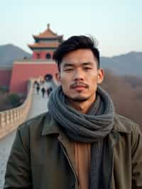 man as digital nomad in Beijing with the Great Wall in the background