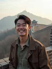 man as digital nomad in Beijing with the Great Wall in the background