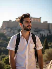 man as digital nomad in Athens with the Acropolis in the background