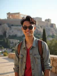 man as digital nomad in Athens with the Acropolis in the background