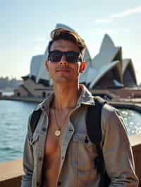 man as digital nomad in Sydney with the Sydney Opera House in the background