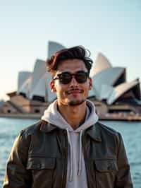 man as digital nomad in Sydney with the Sydney Opera House in the background