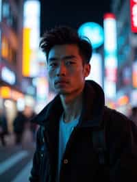 man as digital nomad in Tokyo at night with neon lights