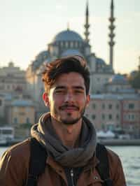 man as digital nomad in Istanbul with The Mosque in background