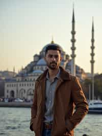 man as digital nomad in Istanbul with The Mosque in background