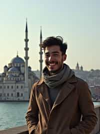 man as digital nomad in Istanbul with The Mosque in background