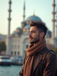 man as digital nomad in Istanbul with The Mosque in background