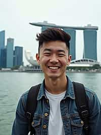 man as digital nomad in Singapore with Marina Bay Sands in background