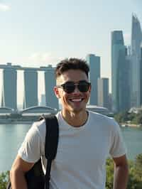 man as digital nomad in Singapore with Marina Bay Sands in background