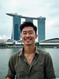 man as digital nomad in Singapore with Marina Bay Sands in background