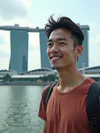 man as digital nomad in Singapore with Marina Bay Sands in background