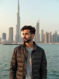 man as digital nomad in Dubai with skyline in background