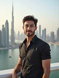 man as digital nomad in Dubai with skyline in background