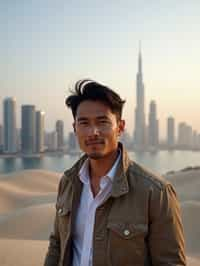 man as digital nomad in Dubai with skyline in background