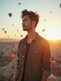 Breathtakingly man as digital nomad with hot air balloons in the background in cappadocia, Türkiye. Cappadocia, Turkey