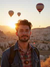 Breathtakingly man as digital nomad with hot air balloons in the background in cappadocia, Türkiye. Cappadocia, Turkey